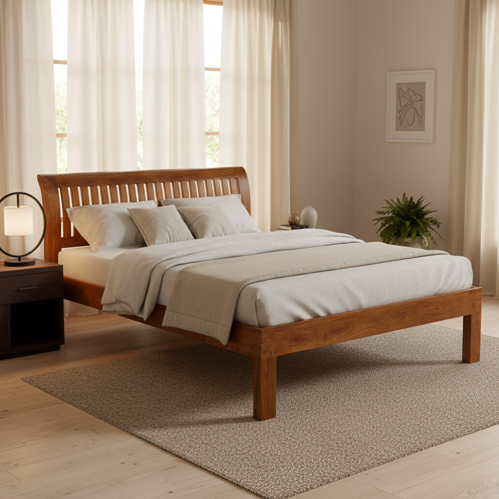 A wooden bed frame with a slatted headboard, styled with white and beige bedding, set in a bright, modern bedroom with sheer curtains, a nightstand, and a rug.